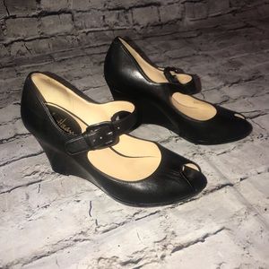 Cole Haan Mary Jane Wedge Shoes Black Peep Toe